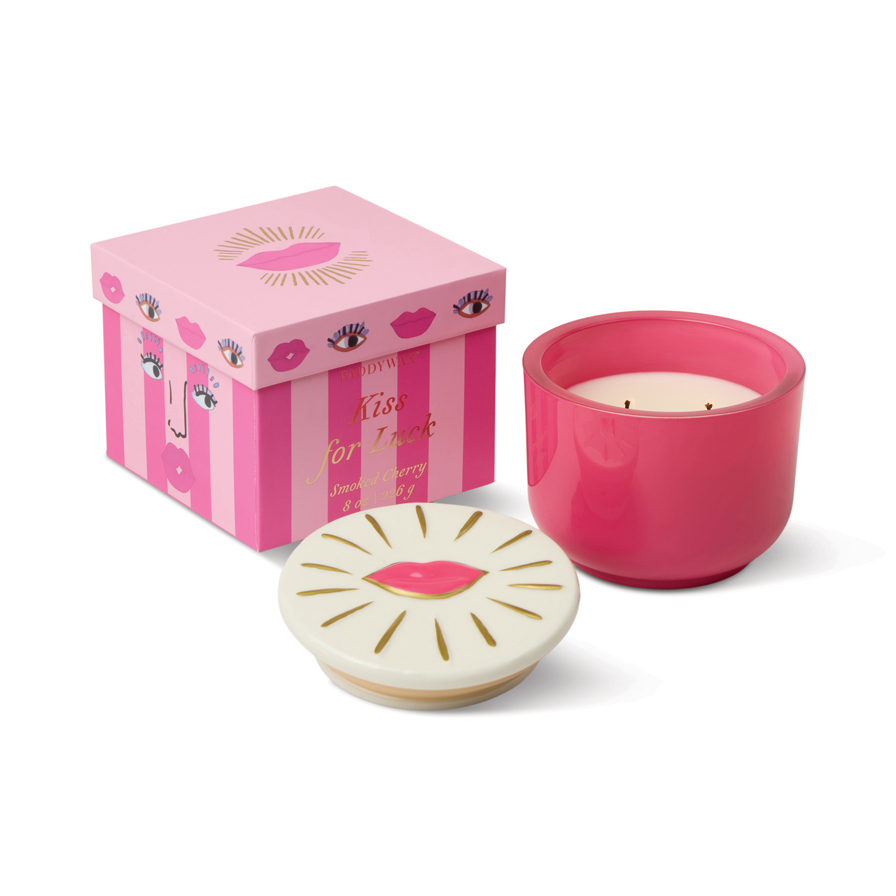 Doftljus Charmed Lips 226 g- Rosa Glas med lock i keramik - Smoked Cherry