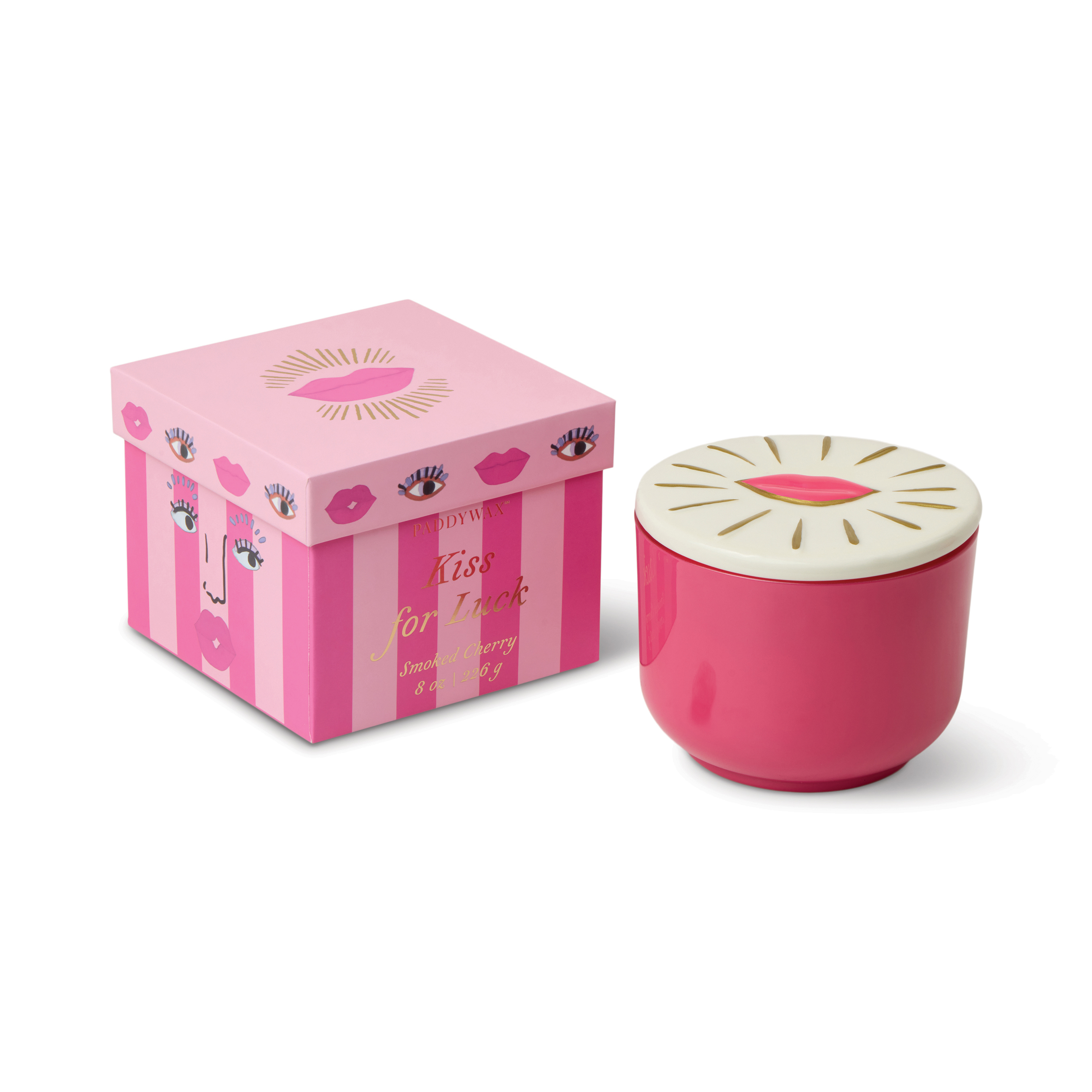 Doftljus Charmed Lips 226 g- Rosa Glas med lock i keramik - Smoked Cherry